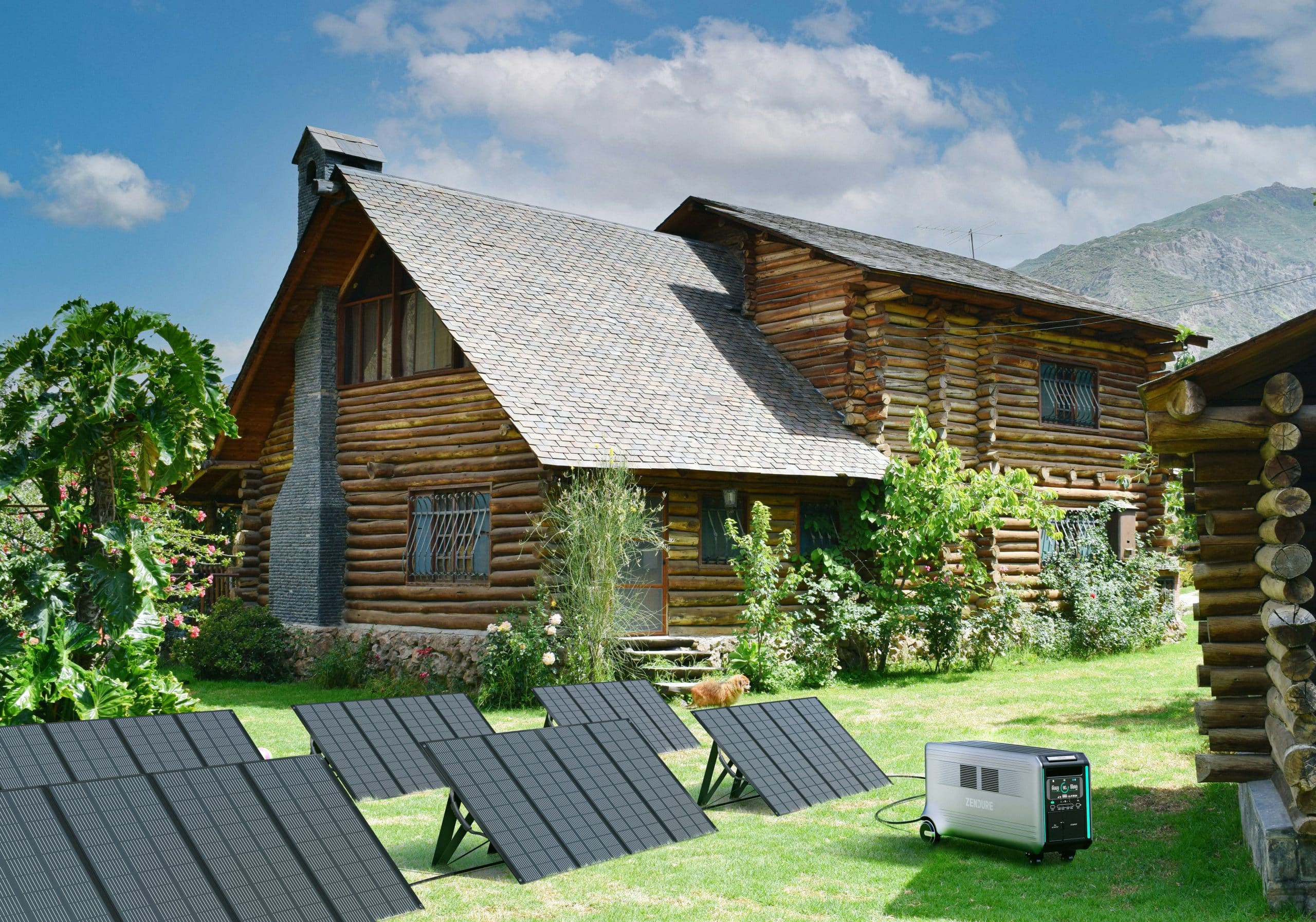 Cozy eco-lodge surrounded by nature with solar panels visible Cozy eco-lodge surrounded by nature with solar panels visible