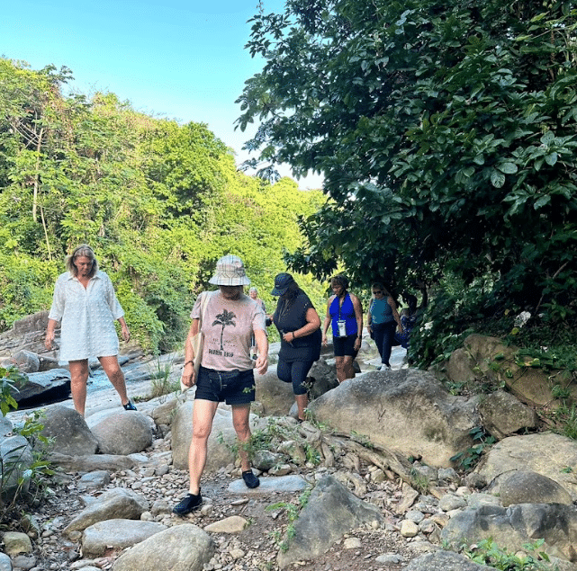 WTA travelers hiking along a rocky trail surrounded by lush greenery in Puerto Rico