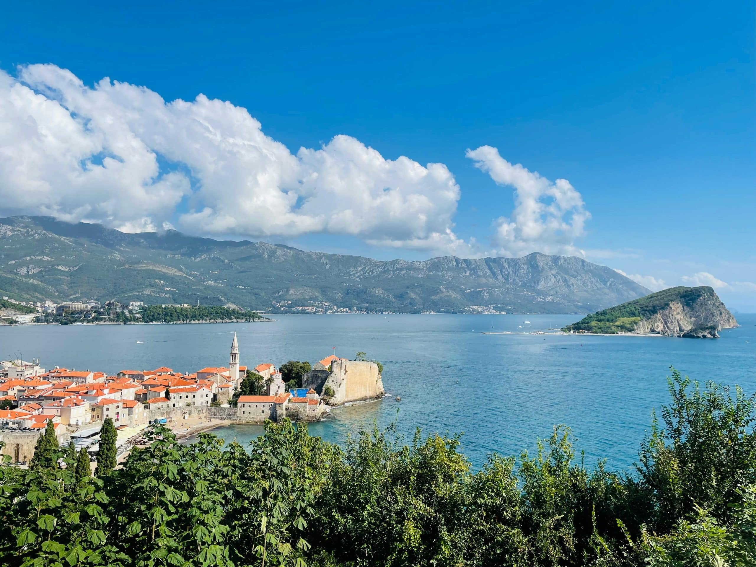 Kotor bay with medieval town walls and mountain is Montenegro
