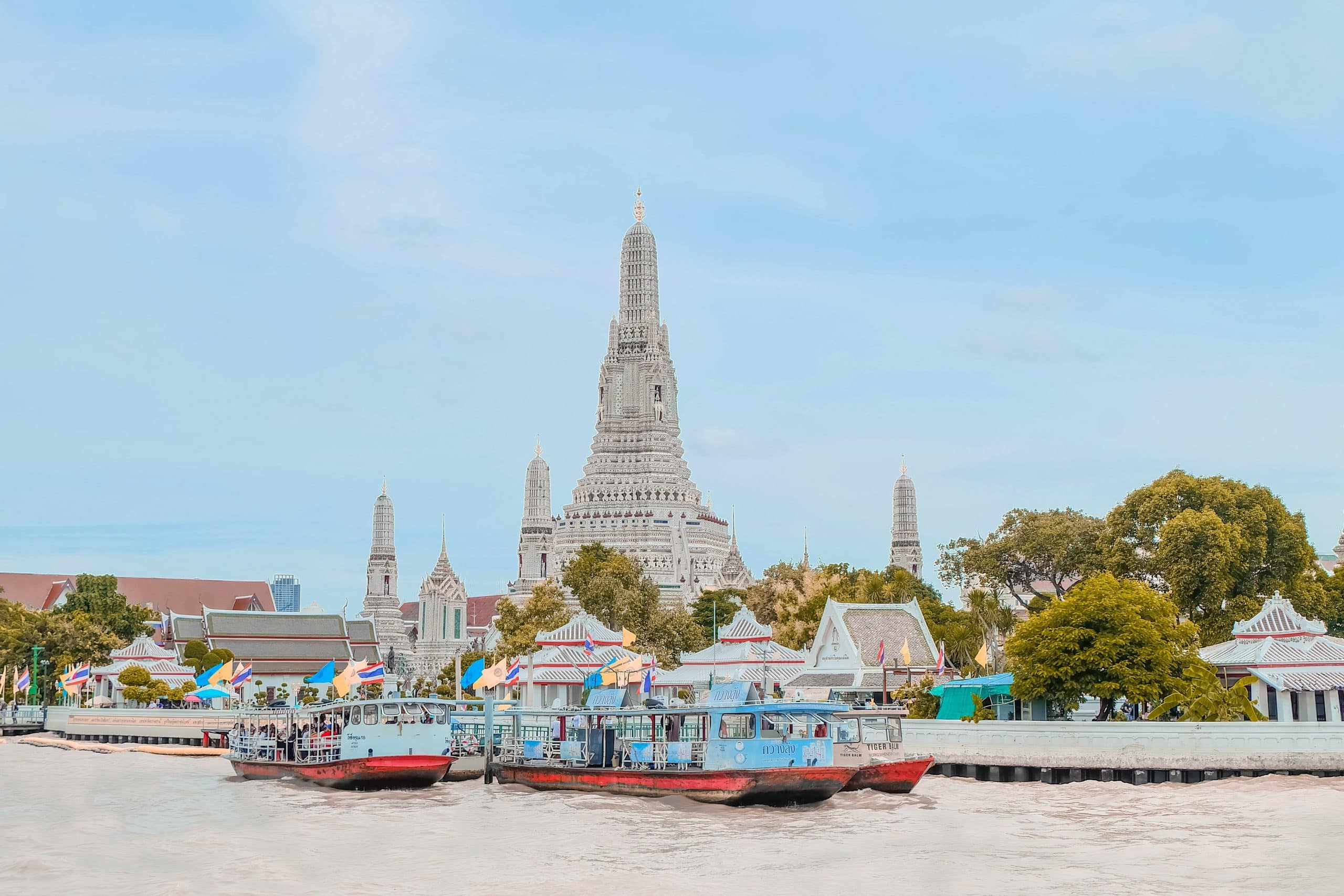 River and temples in Bangkok, Thailand